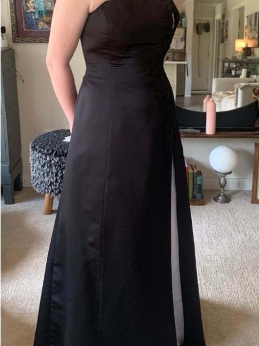 Michaelangelo Black Strapless Satin Prom Gown with Side Contrast Panel